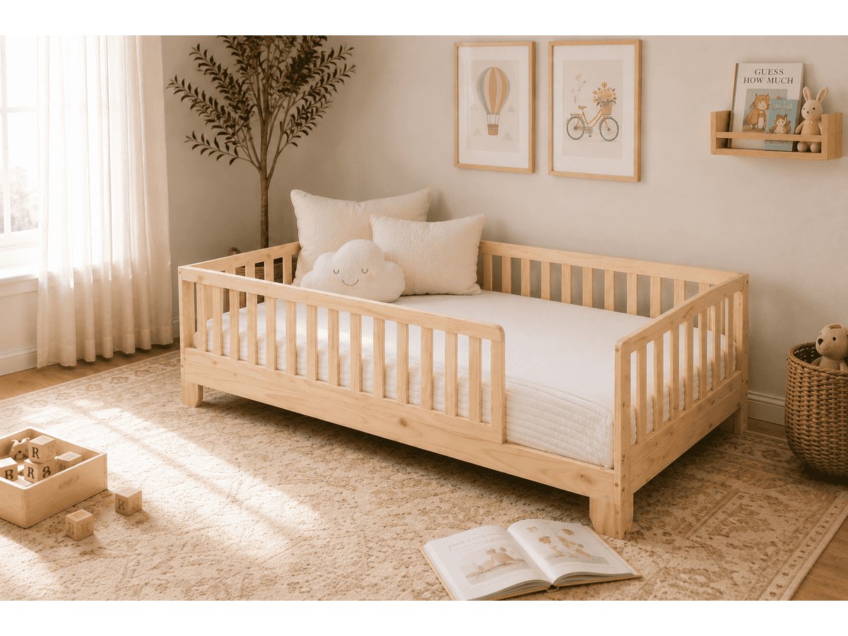 Luca natural twin floor bed with rails in a neutral toddler bedroom #color_natural