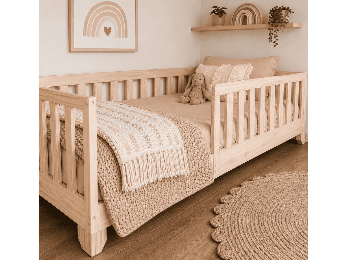 Angled view of Luca natural twin toddler bed with guard rails and neutral bedding #color_natural