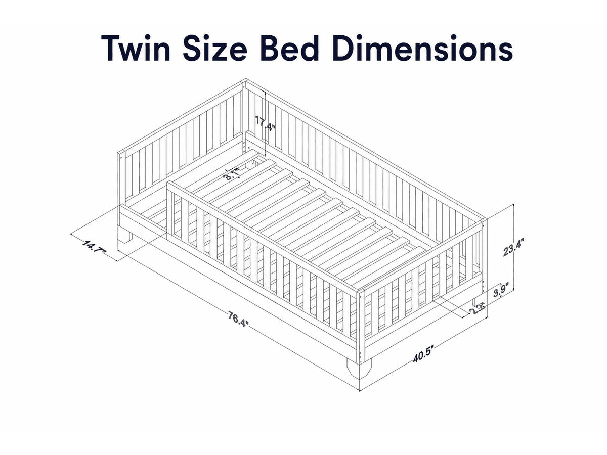 Luca natural twin floor bed dimension diagram showing frame measurements and guard rail spacing #color_natural