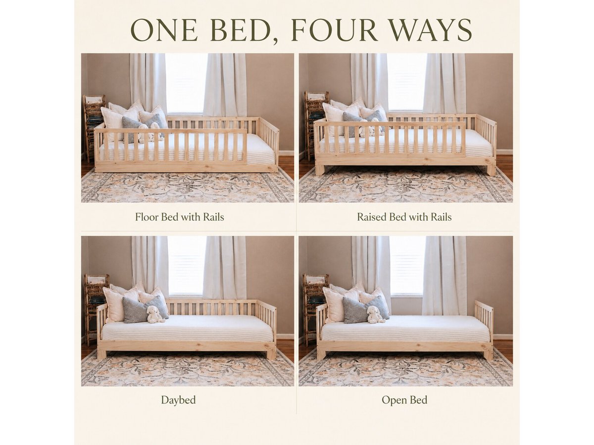 Luca bed configurations showing floor bed, raised bed with rails, daybed and bed without rails