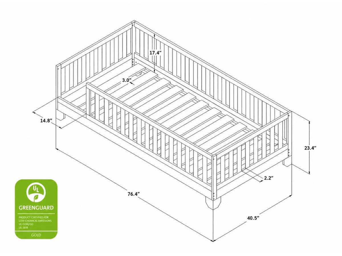 Luca unfinished twin Montessori floor bed dimension diagram showing frame and rail measurements