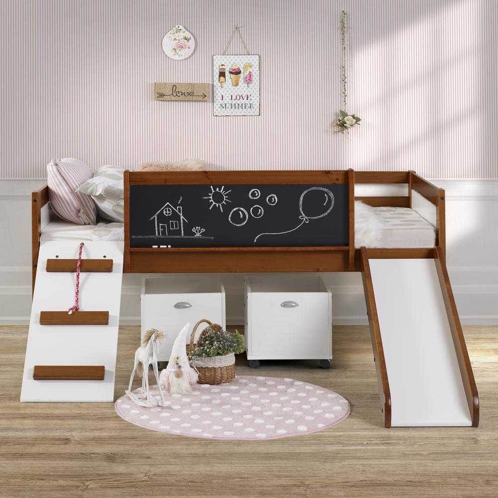 Custom Kids Furniture Oliver Low Loft Bed with Slide in walnut and white, includes chalkboard panel, ladder, slide, and storage drawers.