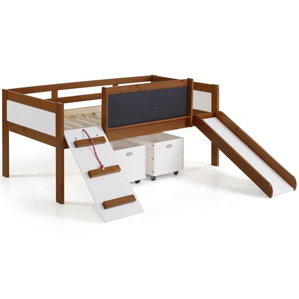 Oliver Low Loft Bed with Slide by Custom Kids Furniture, shown in walnut and white with chalkboard panel, ladder, slide, and twin bed frame.