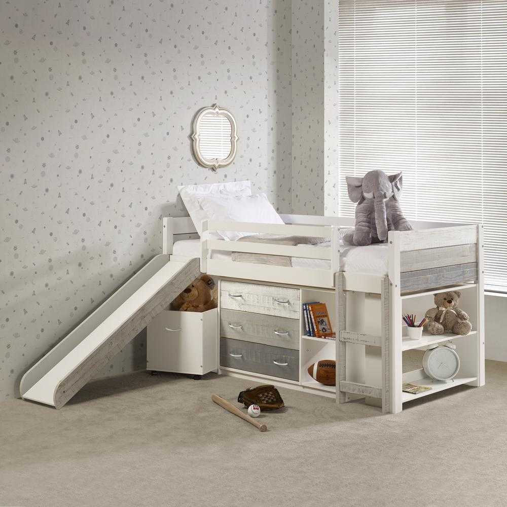Tyler Loft Bed with Slide and Storage in white wood finish, featuring built-in drawers, shelves, and a slide for kids' bedroom fun and organization.