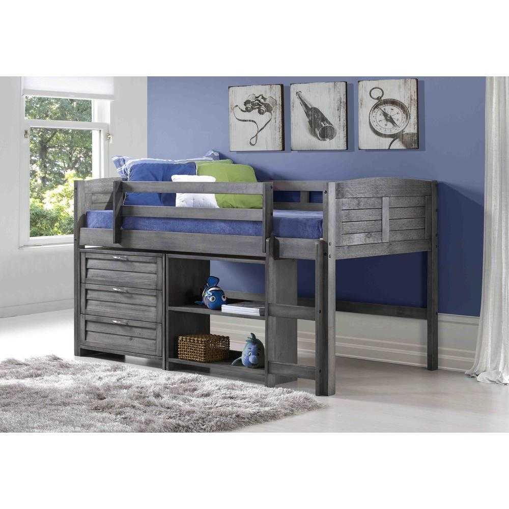 Kids twin loft bed in antique grey with integrated dresser and bookshelves, ideal for organizing bedrooms with limited space.