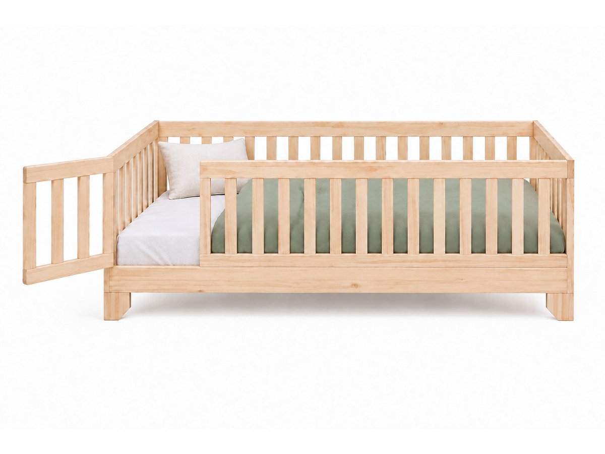 Luca natural twin Montessori floor bed with gate open and sage bedding #color_natural