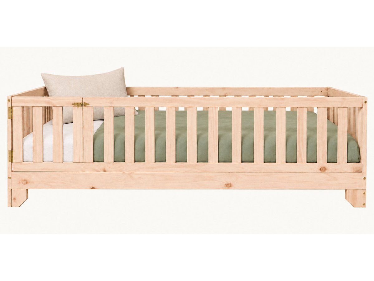 Luca natural twin toddler floor bed with closed gate and surrounding guard rails #color_natural