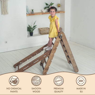 2in1 Montessori Climbing Frame Set: Triangle Ladder + Slide Board/Ramp – Chocolate Goodevas