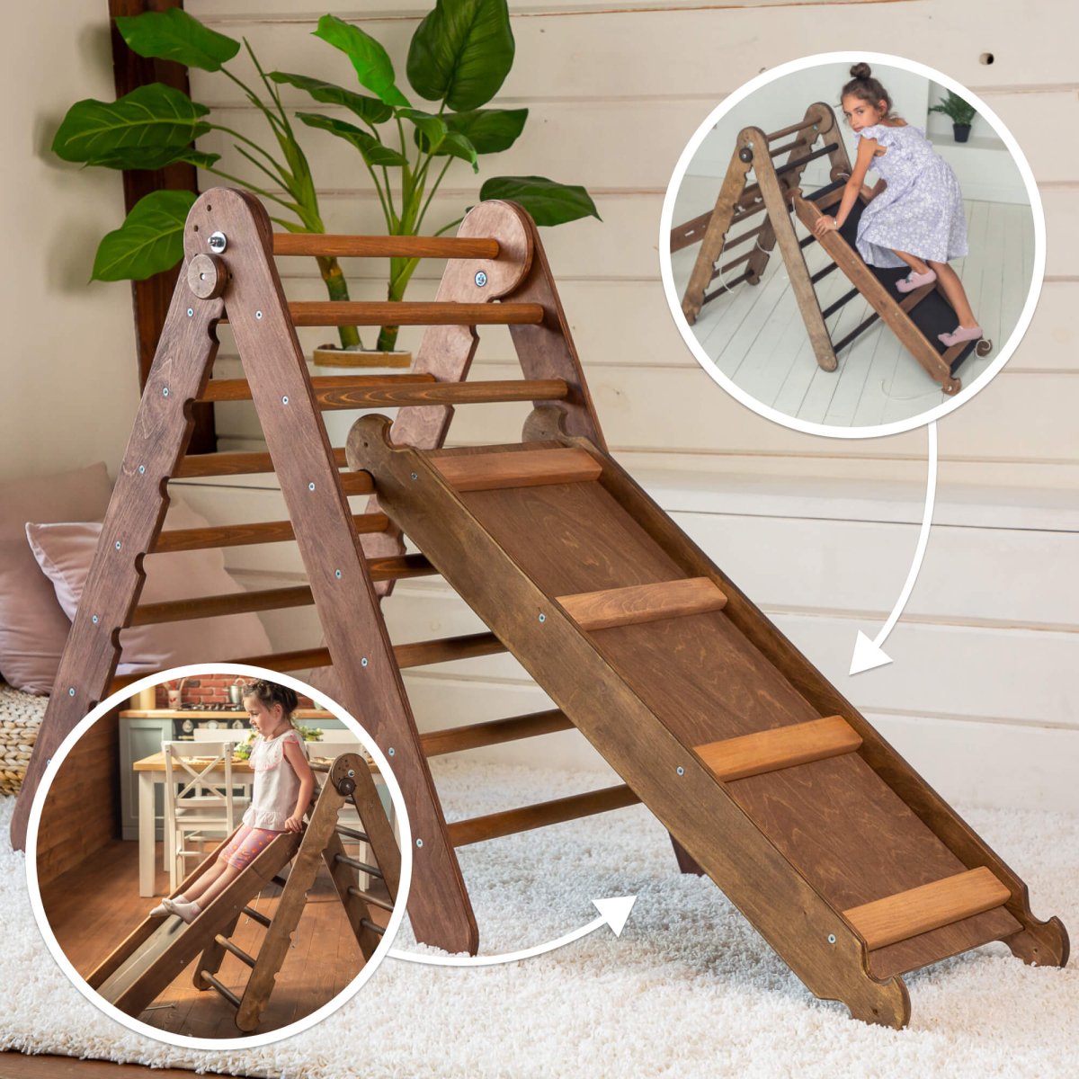 2in1 Montessori Climbing Frame Set: Triangle Ladder + Slide Board/Ramp – Chocolate Goodevas
