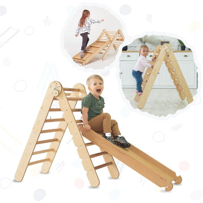 2in1 Montessori Climbing Set: Triangle Ladder + Slide Board/Ramp – Beige Goodevas