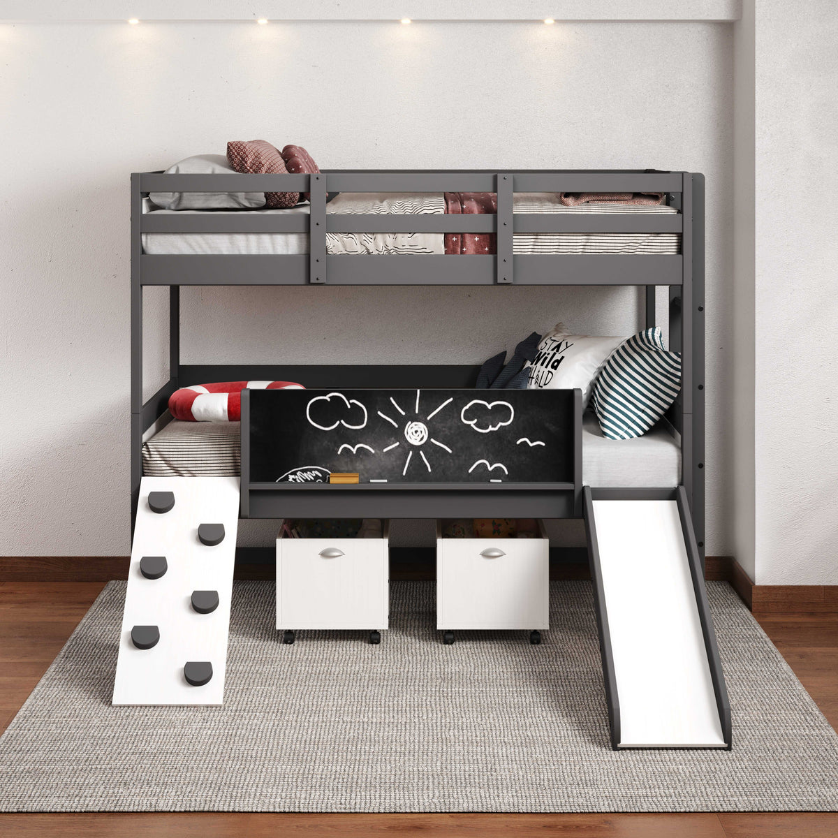 Ophelia Bunk Bed with Slide & Climbing Wall in dark gray, includes chalkboard, slide, climbing wall, and storage bins for a playful kids' space.