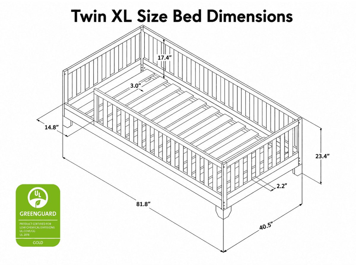 Luca natural Twin XL floor bed dimension diagram showing frame and guard rail measurements