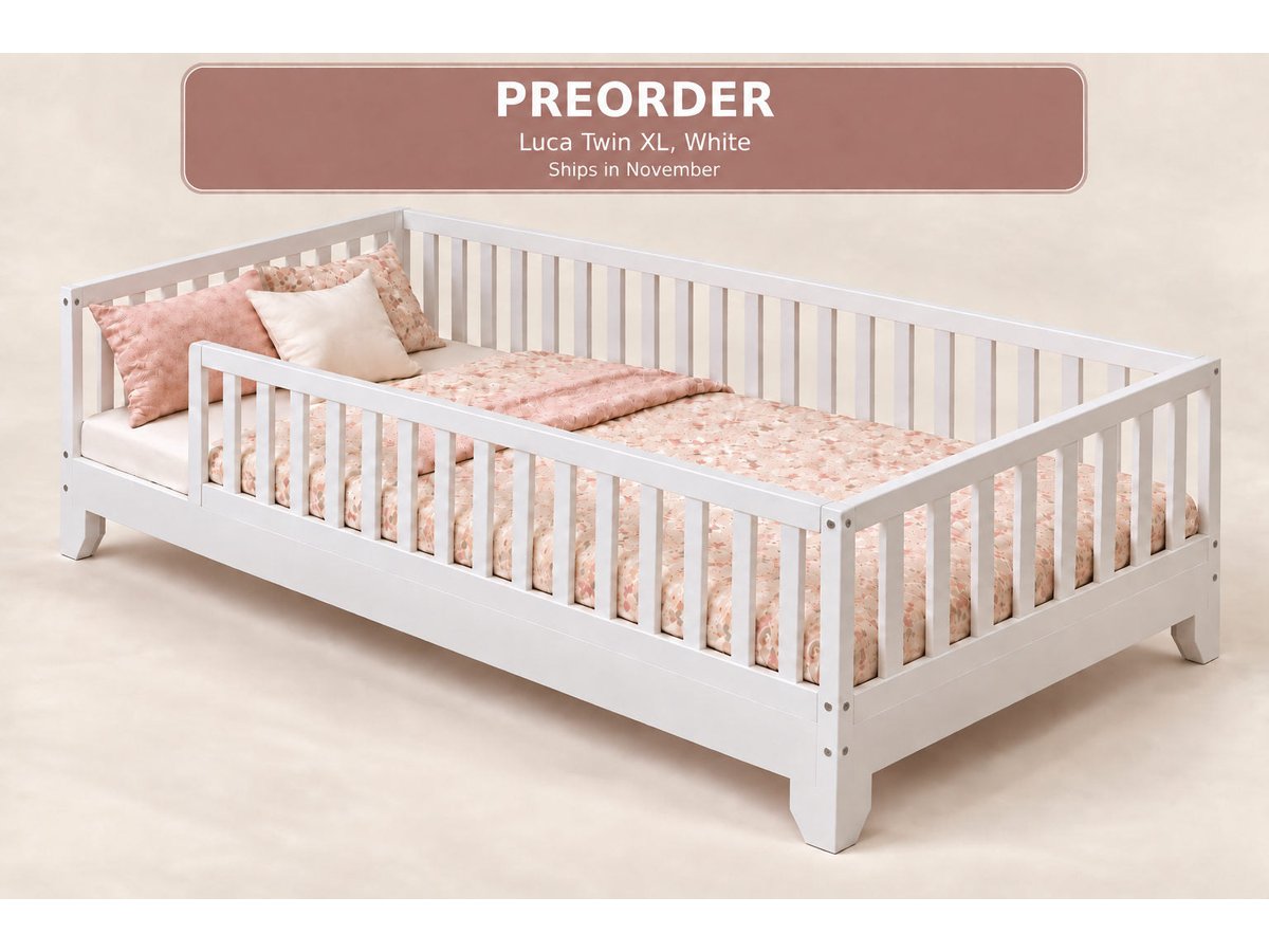 Luca white Twin XL Montessori floor bed with rails and a November preorder notice #color_white