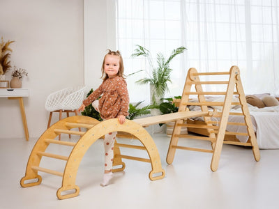 3in1 Montessori Climbing Set: Triangle Ladder + Wooden Arch + Slide Board – Beige NEW Goodevas