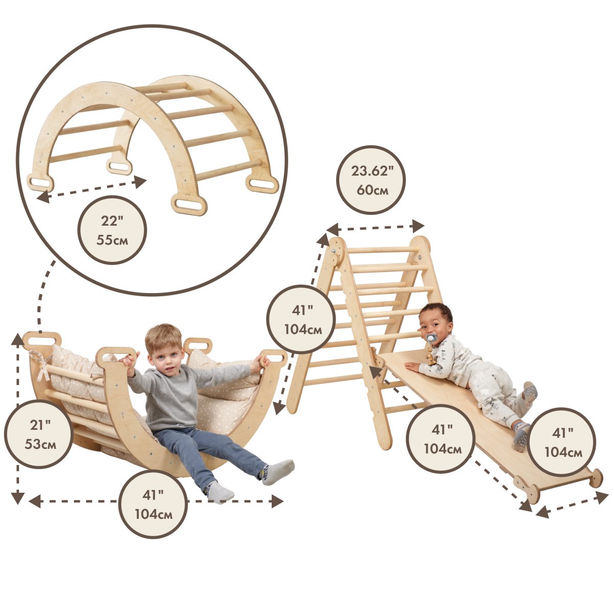 3in1 Montessori Climbing Set: Triangle Ladder + Wooden Arch + Slide Board – Beige NEW Goodevas