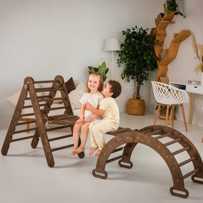 3in1 Montessori Climbing Set: Triangle Ladder + Wooden Arch + Slide Board – Chocolate NEW Goodevas