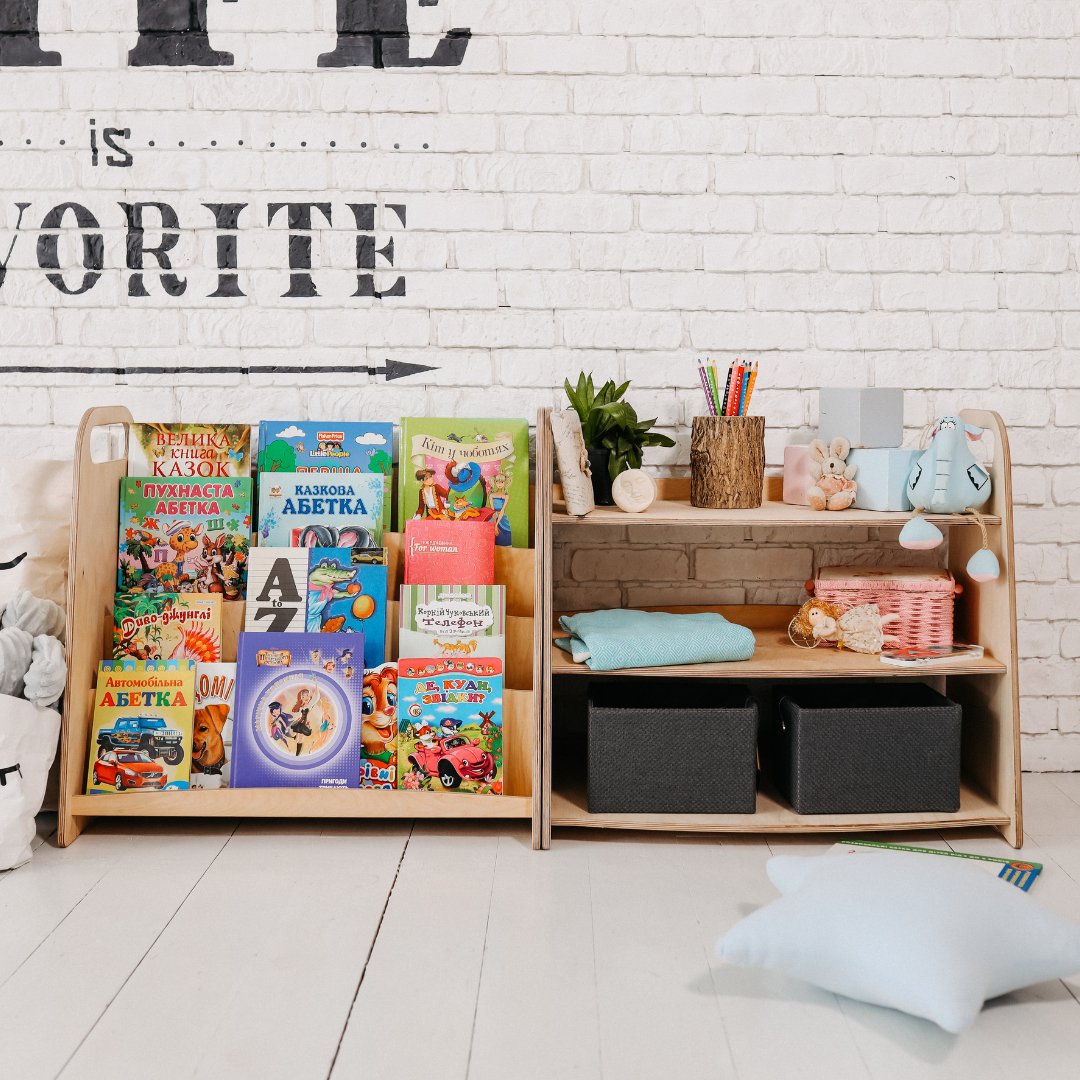 3in1 Montessori Shelves Set: Bookshelf + Toy Shelf + Lego sorter Goodevas
