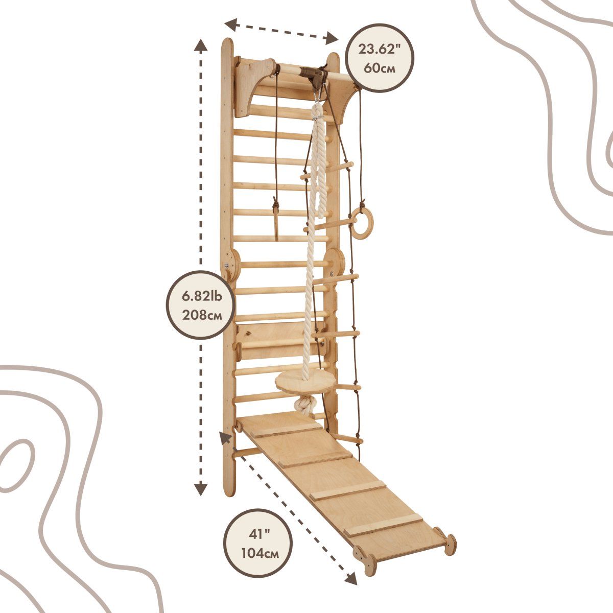 4in1 Climbing Set: Wooden Swedish Wall + Swing Set + Slide Board + Triangle Ladder Goodevas