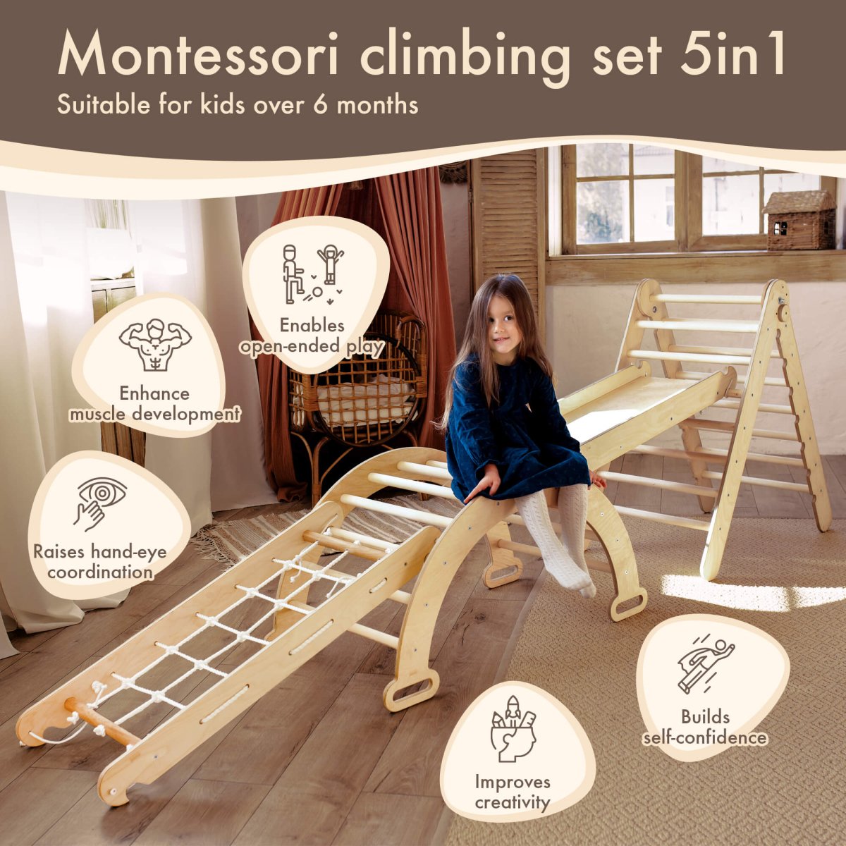 4in1 Montessori Climbing Set: Triangle Ladder + Arch/Rocker + Slide Board/Ramp + Climbing Net – Beige Goodevas