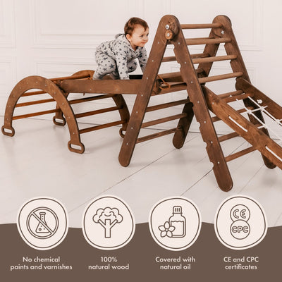 4in1 Montessori Climbing Set: Triangle Ladder + Arch/Rocker + Slide Board/Ramp + Net – Chocolate Goodevas
