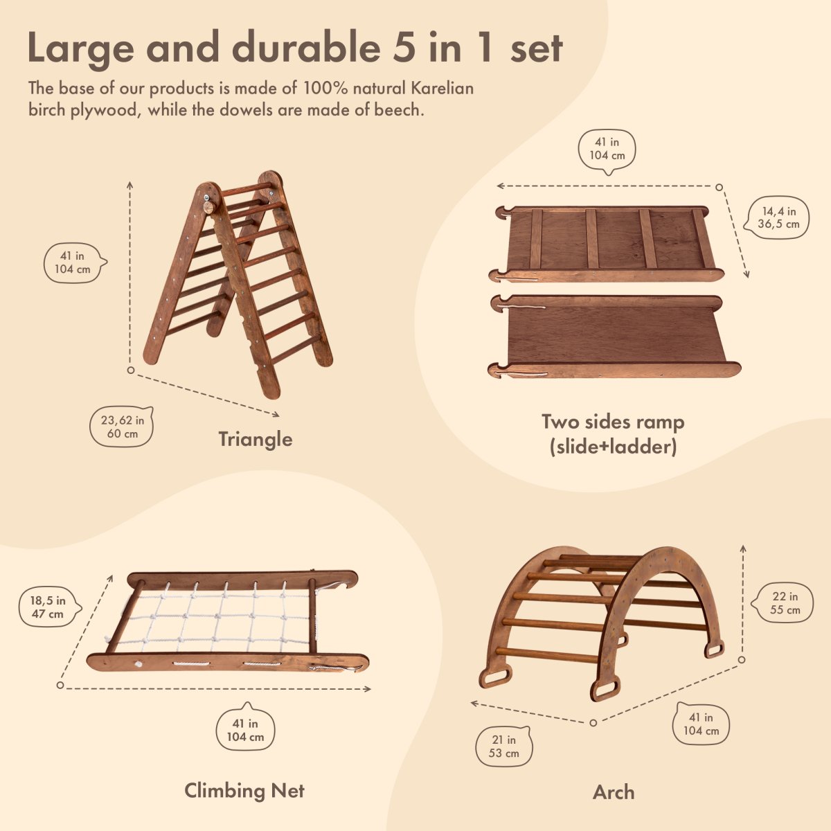 4in1 Montessori Climbing Set: Triangle Ladder + Arch/Rocker + Slide Board/Ramp + Net – Chocolate Goodevas