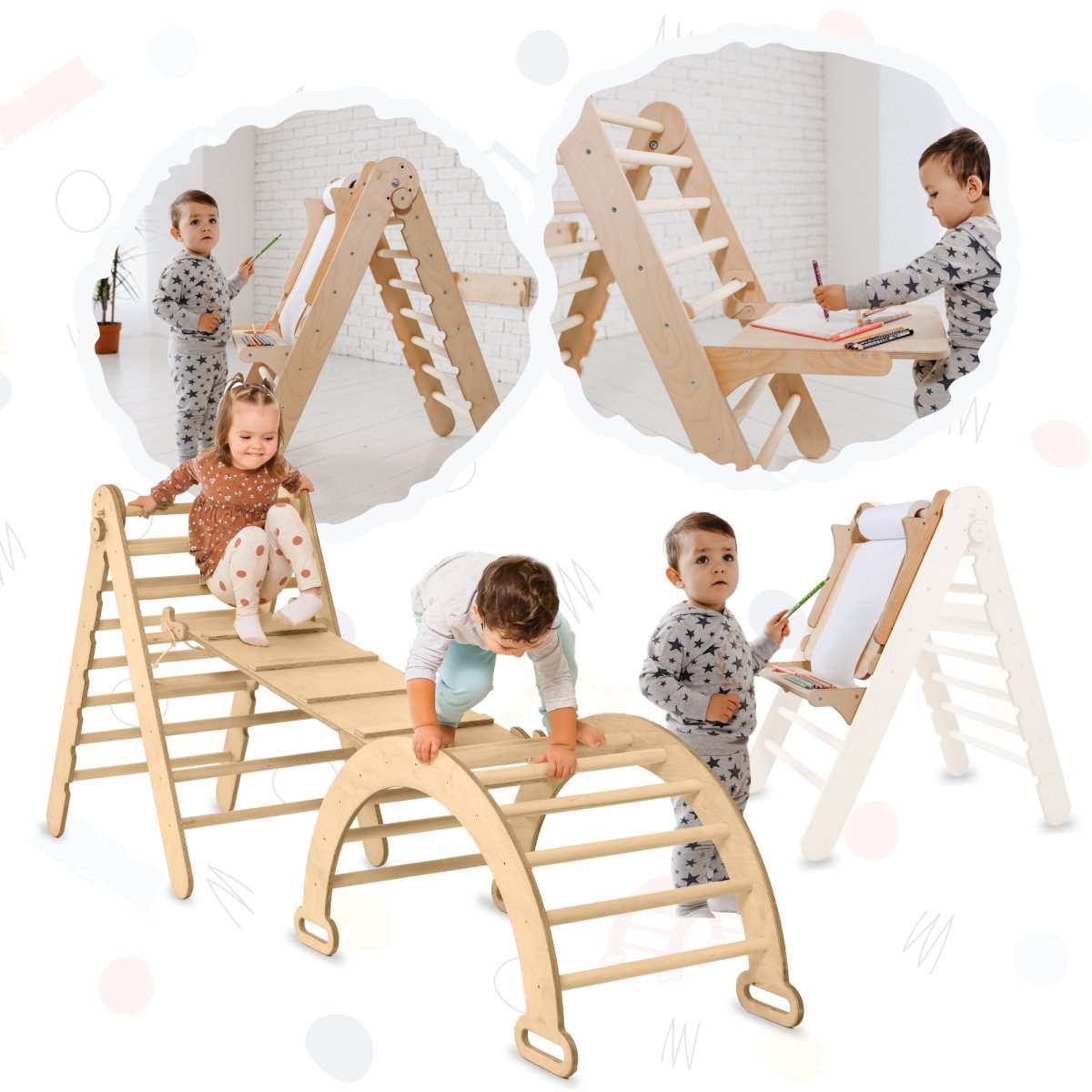 4in1 Montessori Climbing Set: Triangle Ladder + Climbing Arch + Slide Board + Art Addition Goodevas