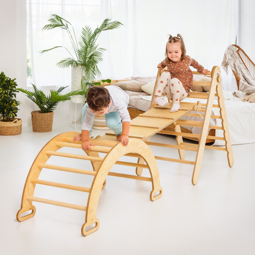 4in1 Montessori Climbing Set: Triangle Ladder + Climbing Arch + Slide Board + Cushion Beige Goodevas