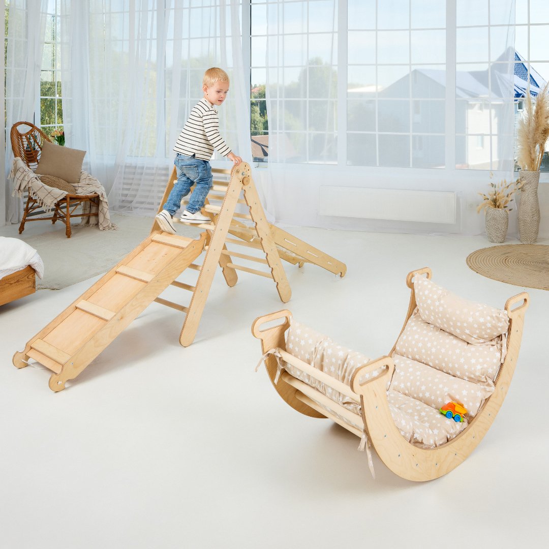 5in1 Montessori Climbing Frame Set: Triangle Ladder + Arch/Rocker + Slide Board/Ramp + Netting rope + Cushion Goodevas