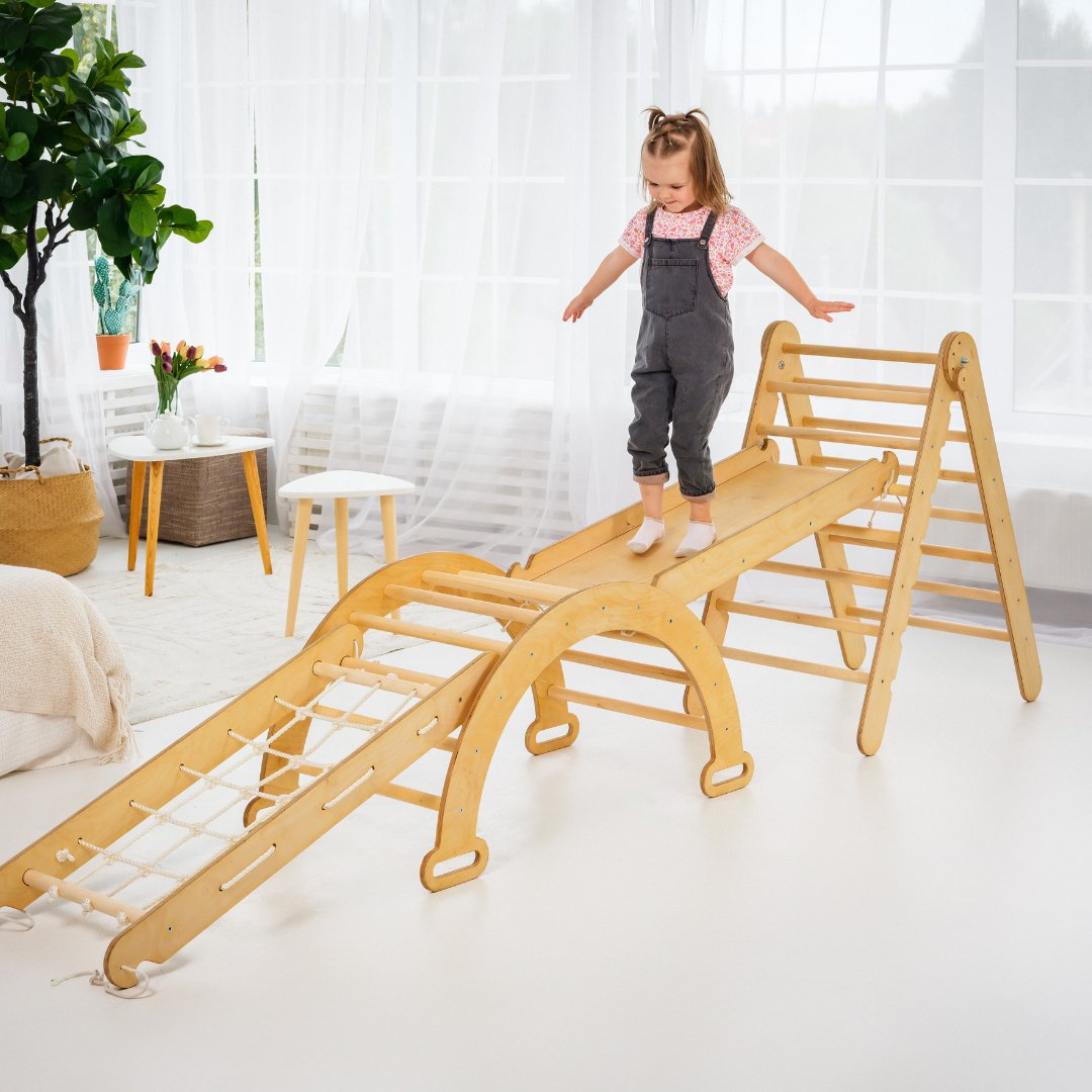 5in1 Montessori Climbing Frame Set: Triangle Ladder + Arch/Rocker + Slide Board/Ramp + Netting rope + Cushion Goodevas