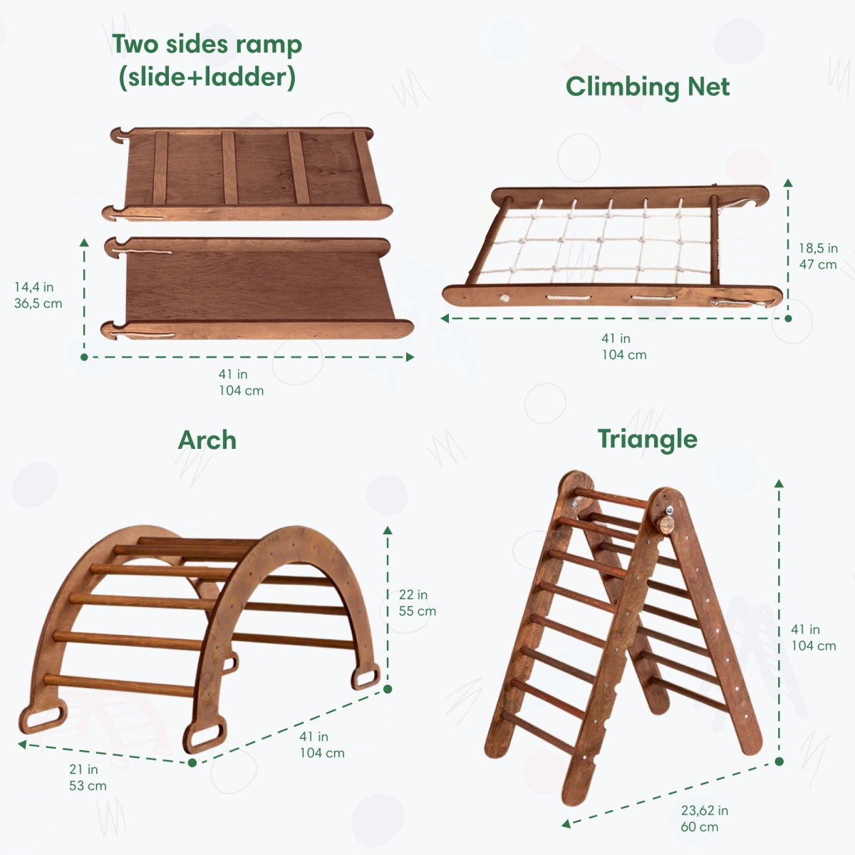 5in1 Montessori Climbing Set: Triangle Ladder + Arch/Rocker + Slide Board/Ramp + Net + Cushion – Chocolate Goodevas