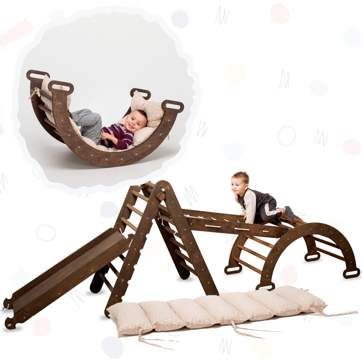 5in1 Montessori Climbing Set: Triangle Ladder + Arch/Rocker + Slide Board/Ramp + Net + Cushion – Chocolate Goodevas