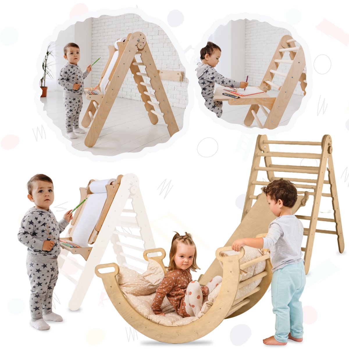 5in1 Montessori Climbing Set: Triangle Ladder + Climbing Arch + Slide Board + Cushion + Art Addition Goodevas