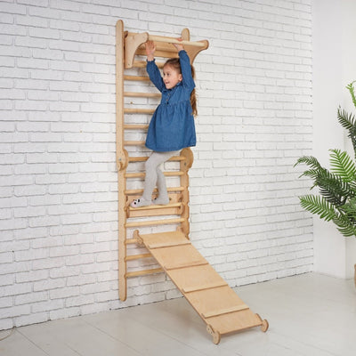 5in1: Wooden Swedish Wall / Climbing ladder for Children + Swing Set + Slide Board + Art Add-on Goodevas