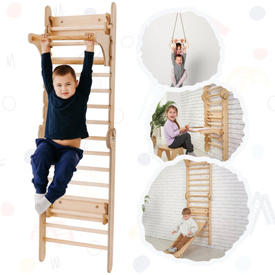 5in1: Wooden Swedish Wall / Climbing ladder for Children + Swing Set + Slide Board + Art Add-on Goodevas