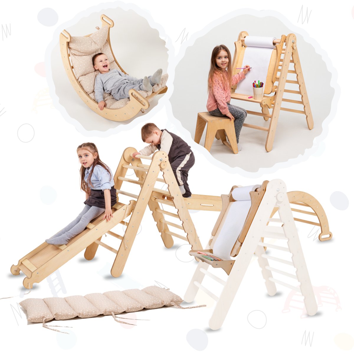 6in1 Montessori Climbing Frame Set: Triangle Ladder + Arch/Rocker + Slide/Ramp + Net + Cushion + Art Addition Goodevas