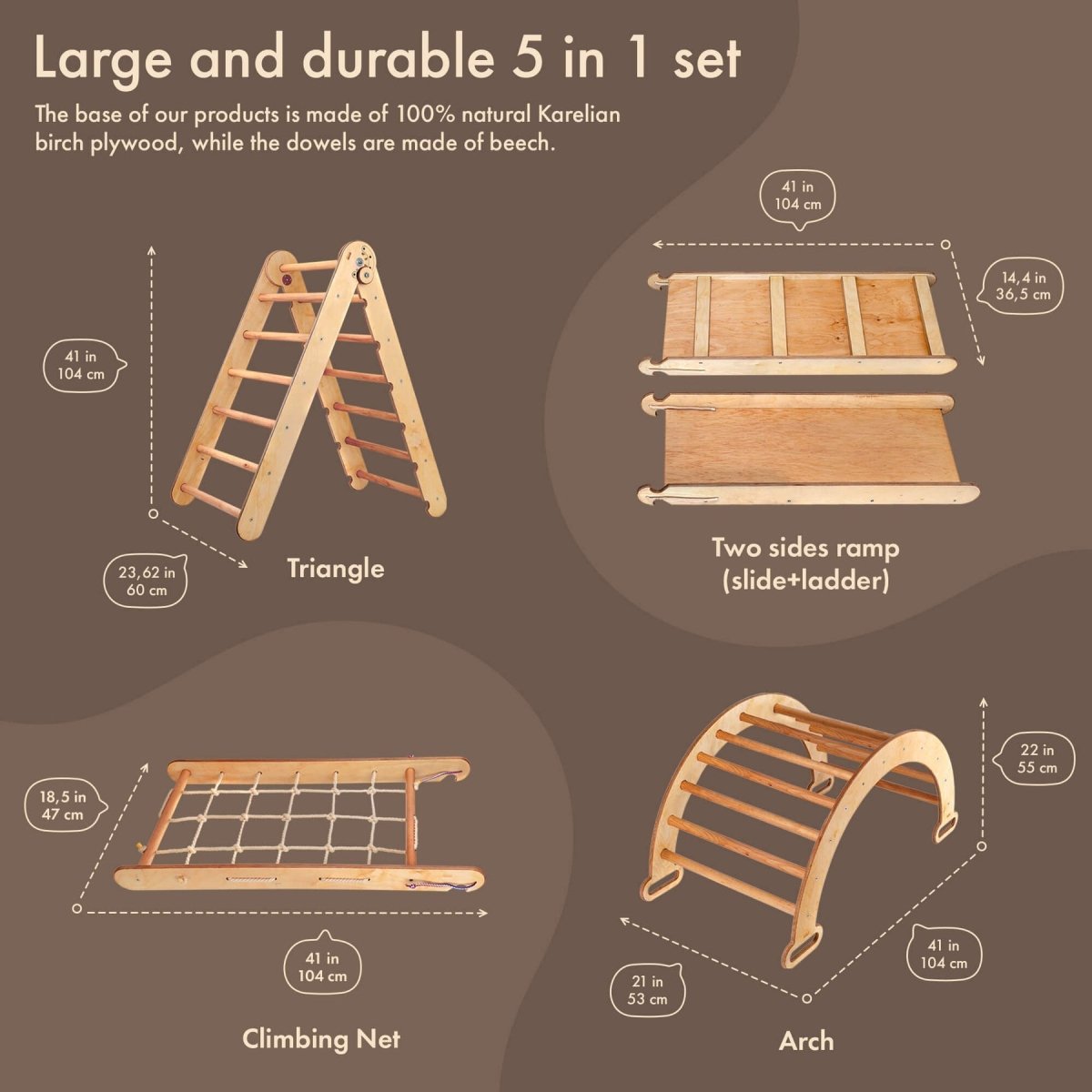 6in1 Montessori Climbing Frame Set: Triangle Ladder + Arch/Rocker + Slide/Ramp + Net + Cushion + Art Addition Goodevas