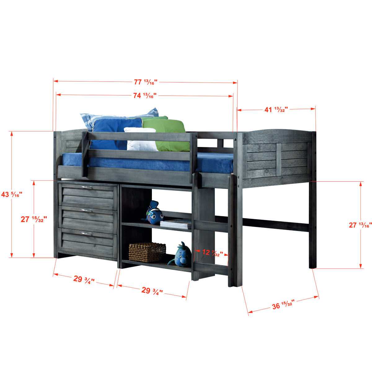 Dimensions of Hailey Grey Modern Loft with Dresser and Bookshelves shown with labeled measurements for bed, dresser, and shelves.