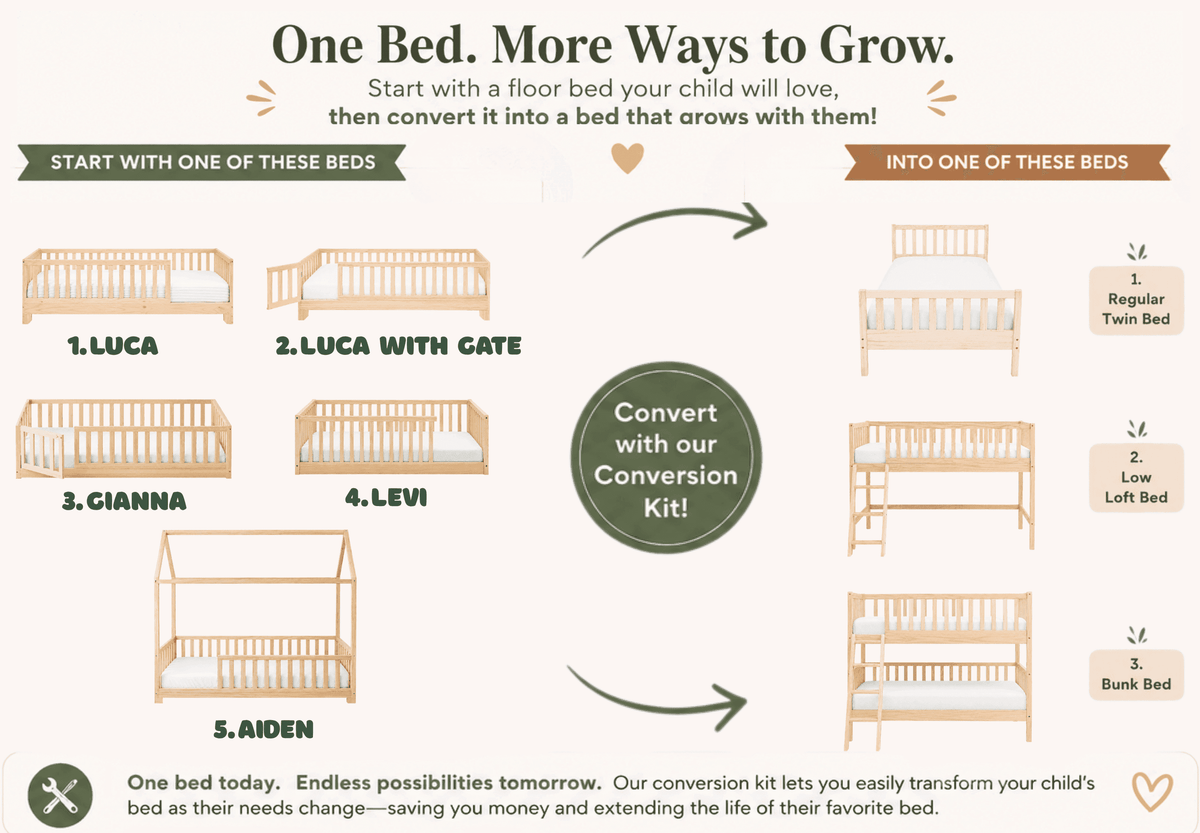 Diagram showing different styles of a toddler bed that can be converted to a twin bed for kids, loft bed or bunk bed