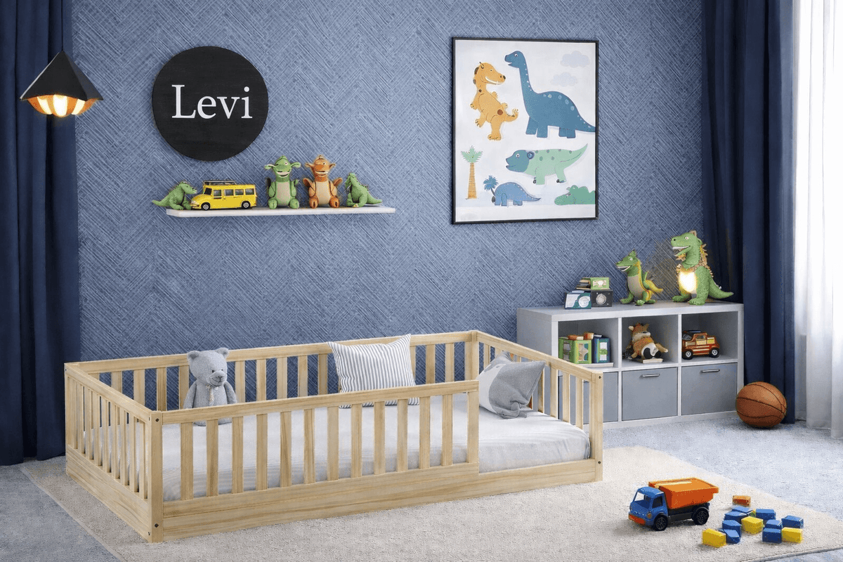 Levi Convertible Montessori Floor Bed with Rails in Toddler Boys Bedroom