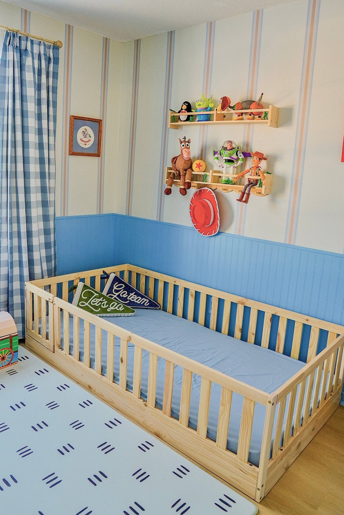 Gianna Convertible Toddler Floor Bed with Gate Custom Kids Furniture Toy Story Toddler Bedroom