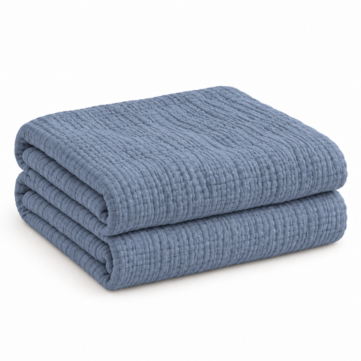 Folded heather blue six-layer cotton muslin comforter for kids’ twin and full beds