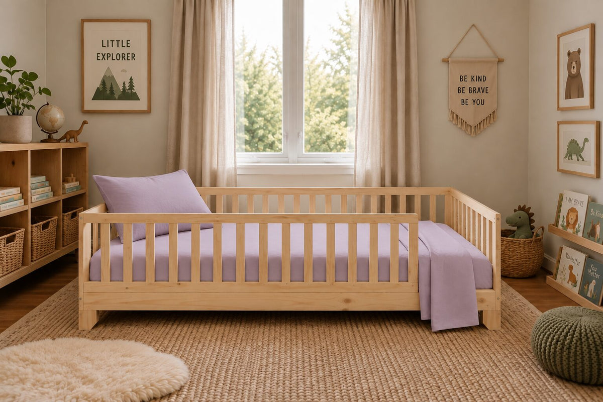 A light natural wood Montessori toddler floor bed with lavender organic toddler sheets and matching pillows, styled in a cozy, sunlit children's bedroom with a window, bookshelves, and framed wall art.