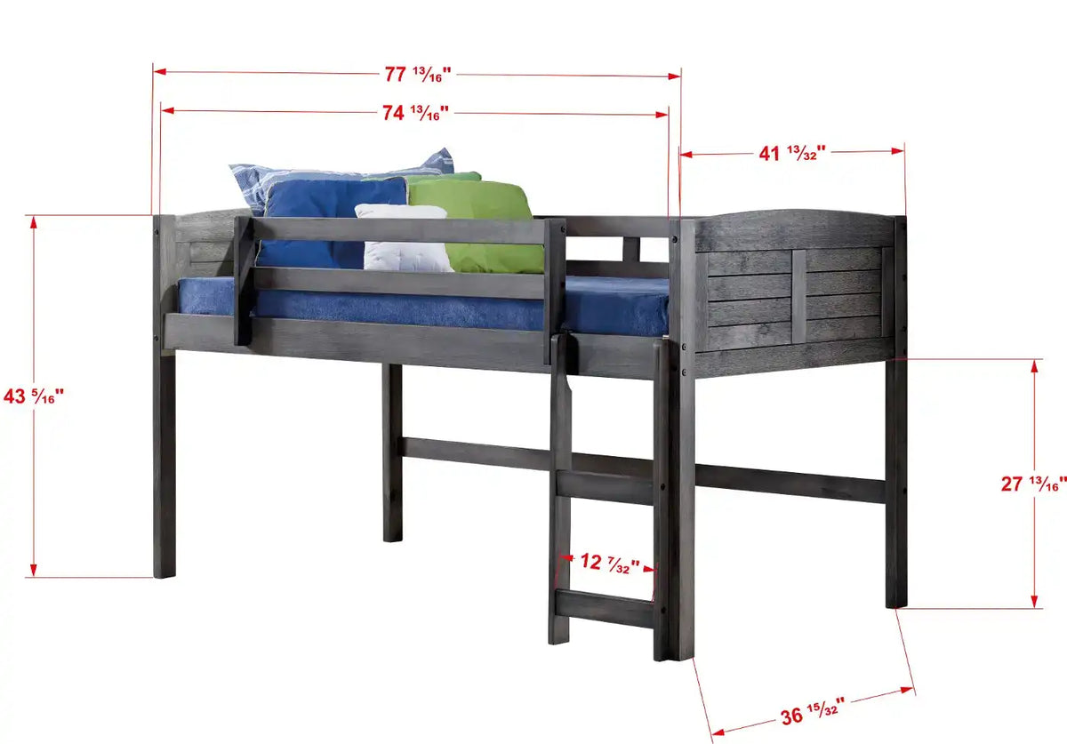 Hailey Grey Modern Loft Bed with detailed dimensions, showing twin-size elevated frame, ladder height, and full bed measurements for easy planning.