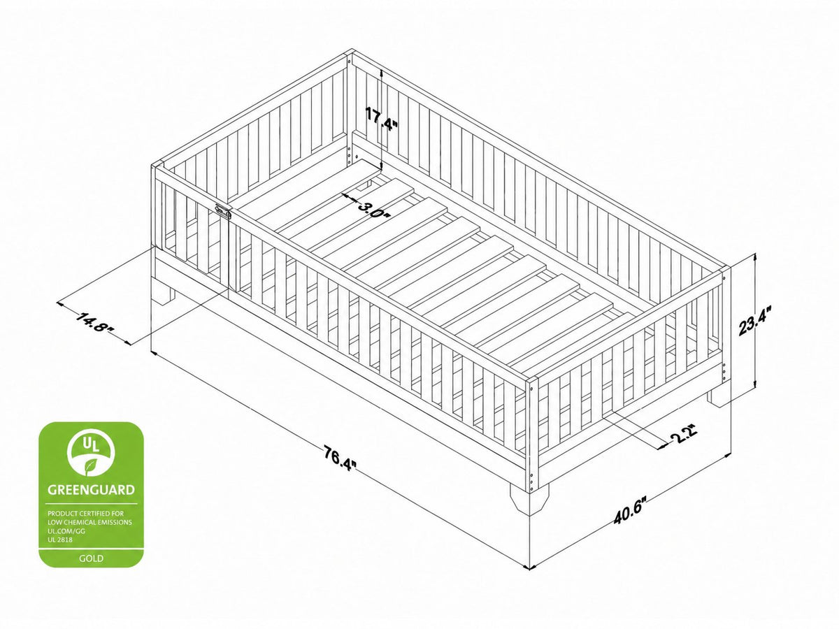 Dimensions of the Luca Montessori twin size floor bed for toddlers with a gate in natural finish