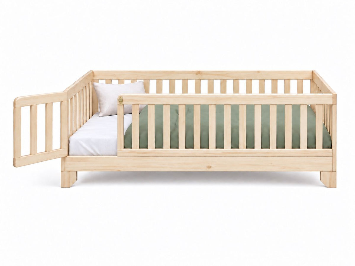 Luca twin size natural finish bed with rails and a gate for toddlers.