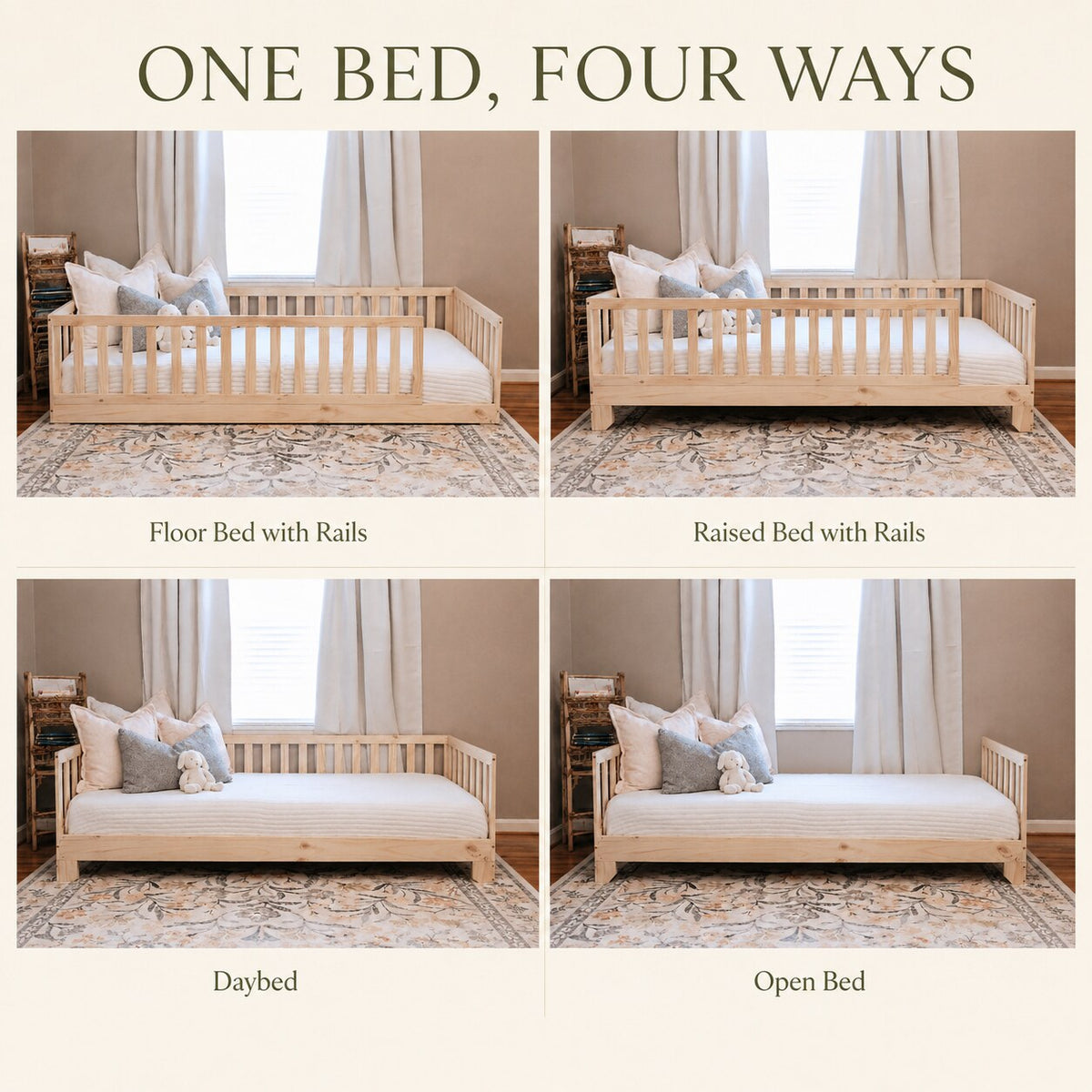 Four-panel product comparison graphic showing a light natural wood daybed/crib configuration in different styles: Floor Bed with Rails, Raised Bed with Rails, Daybed, and Open Bed. The top text reads 'ONE BED, FOUR WAYS.