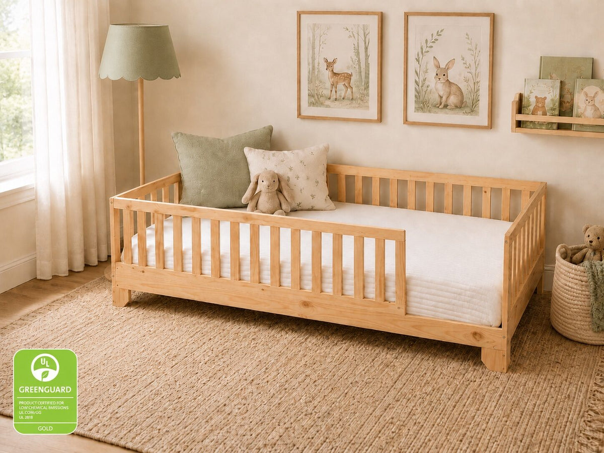 Montessori bed in unfinished, twin size ready to paint or stain. Shown in gender neutral toddler bedroom.