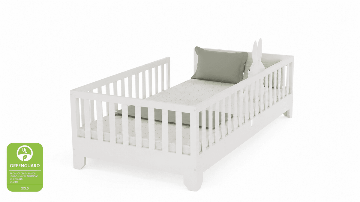 White Twin Montessori Floor Bed with rails for toddlers — low-profile safe design