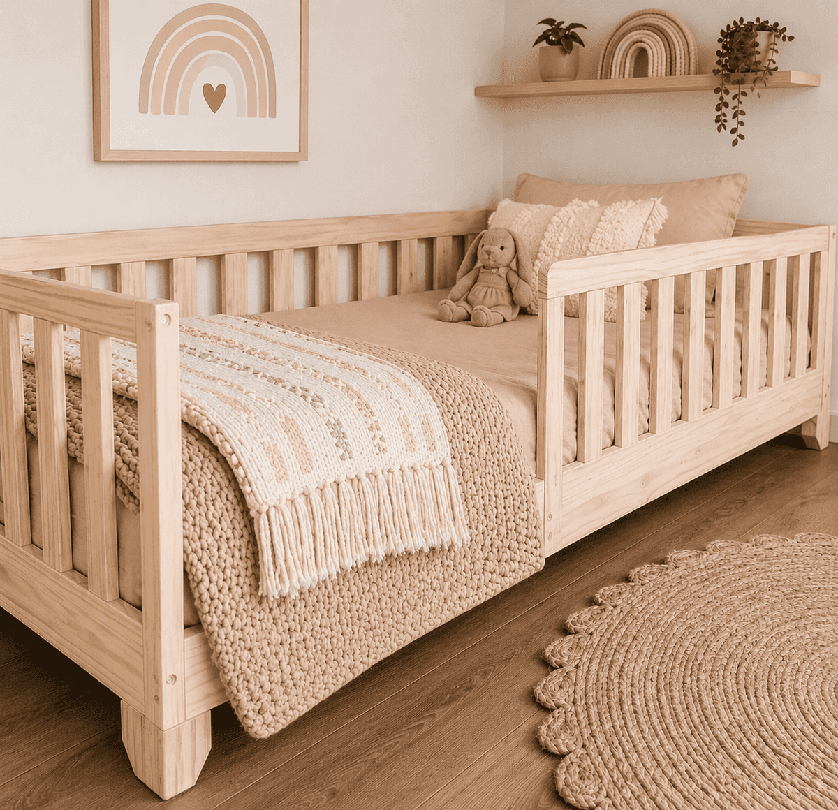 Montessori Floor Bed with Rails in Toddler girls natural bedroom