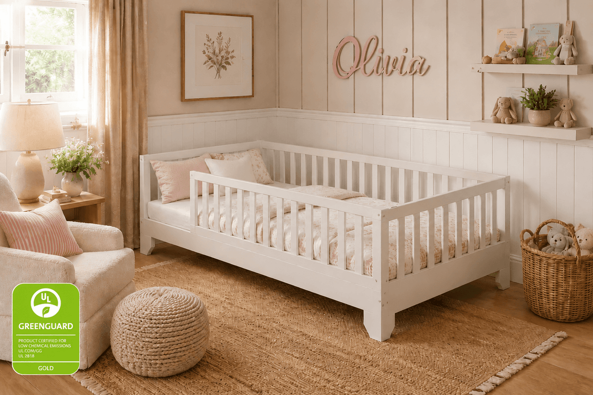 Twin size, Greenguard Gold Certified Luca White Montessori Floor Bed With Rails in Toddler Girls Bedroom